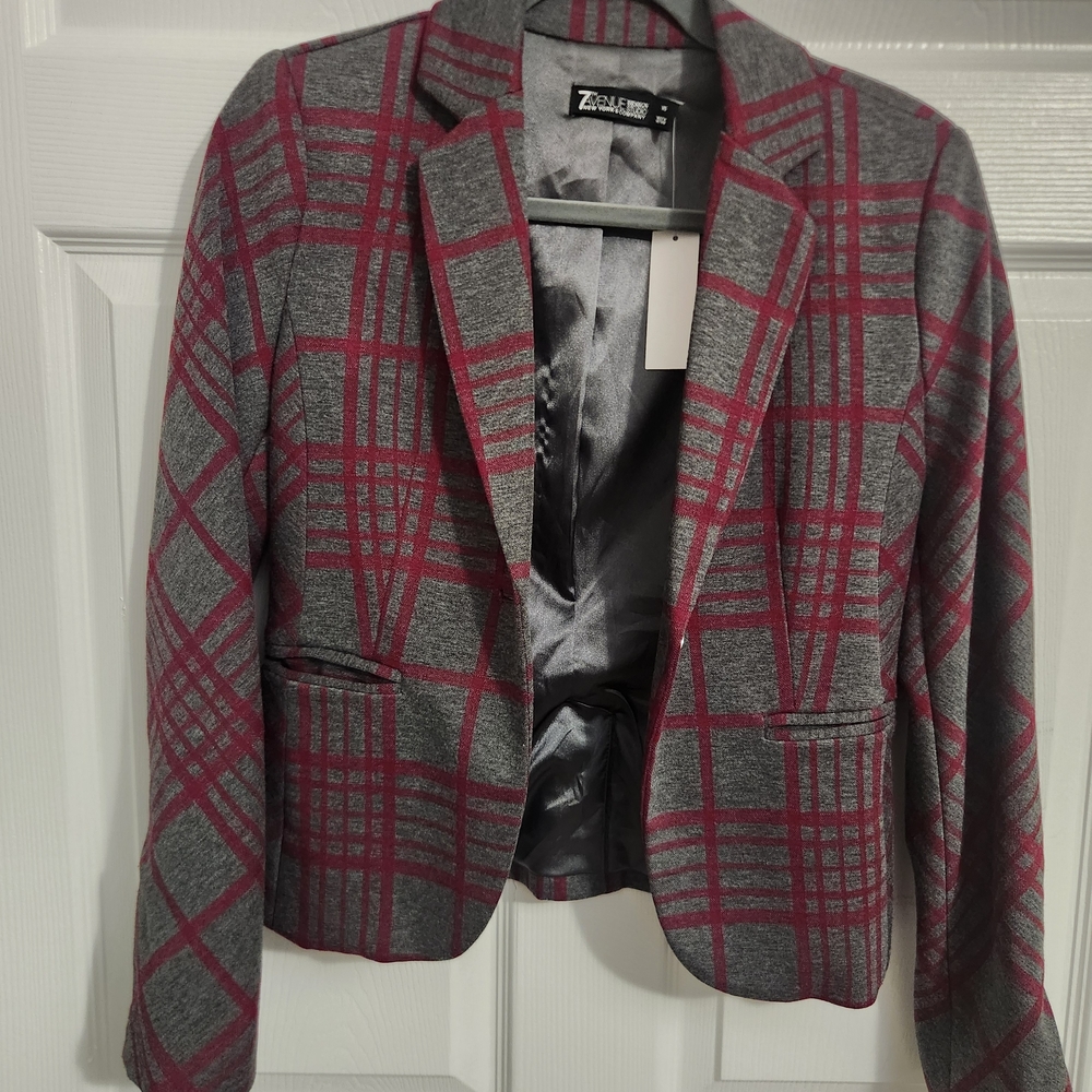 7th Avenue New York & Company  Women's Blazer in Gray with Red Plaid